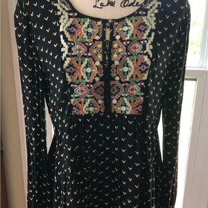 Sundance Black and White Embellished Tie Front Long Sleeve Blouse